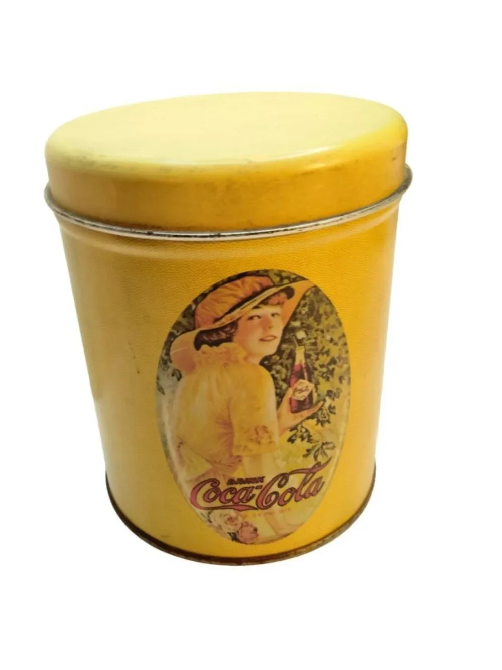 Vintage Coca Cola Tin Canister Yellow Lady Holding Coke Lidded Retro 1980s